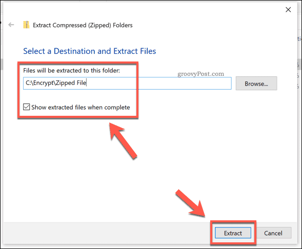 Opsi ekstraksi untuk file zip Windows