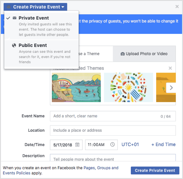 Pilihan acara Facebook saat membuat acara dari profil Facebook