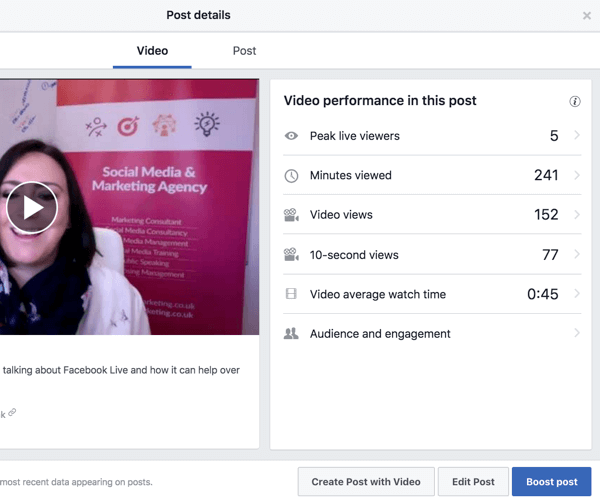 Pilih video di perpustakaan video Facebook Anda untuk melihat metrik kinerja.