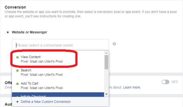 Jika Anda memilih Konversi sebagai tujuan iklan Facebook Messenger Anda, pilih acara konversi.