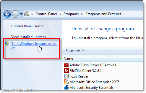 klik nyalakan atau matikan fitur windows dari program windows 7 dan fitur windows