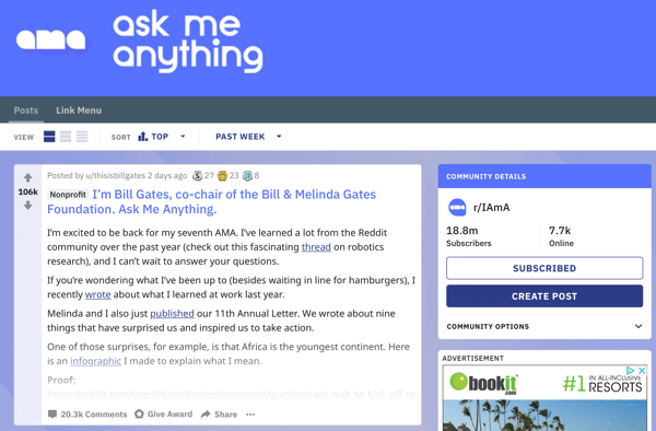 Cara memasarkan bisnis Anda di Reddit, contoh postingan gambar dari subreddit r / IAmA