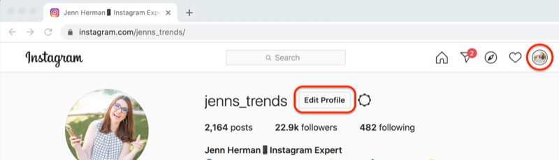 tangkapan layar profil Instagram dengan tombol 'edit profil' disorot