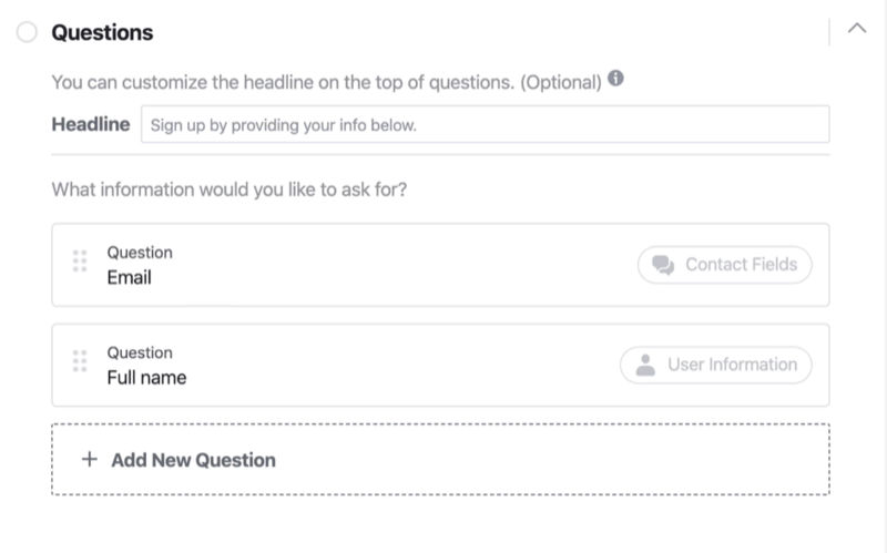 Bagian Pertanyaan dari proses penyiapan formulir prospek Facebook