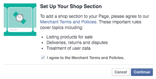 setuju dengan syarat dan kebijakan pedagang toko facebook dan lanjutkan