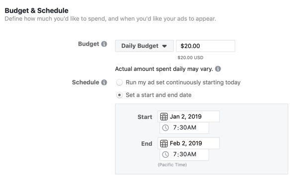 Pilihan anggaran dan jadwal untuk kampanye iklan utama Facebook.