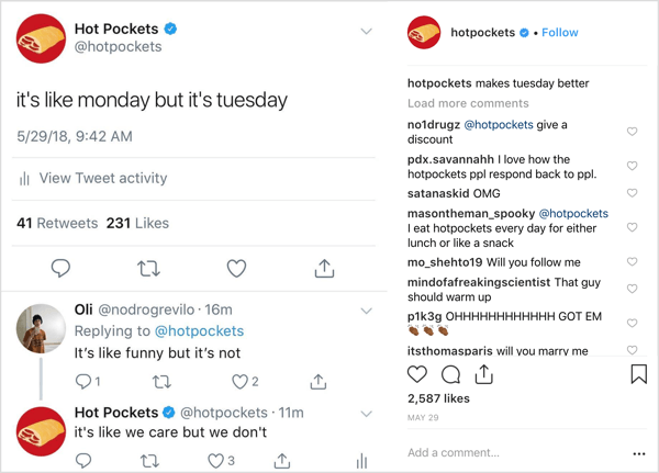 Posting Instagram Hot Pockets dengan humor eksentrik merek dagang.