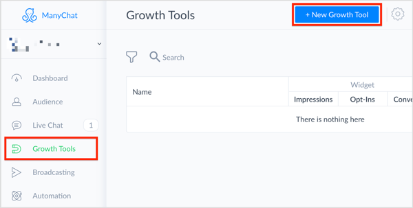 Di ManyChat, pilih Alat Pertumbuhan di sebelah kiri dan klik tombol + Alat Pertumbuhan Baru di kanan atas.