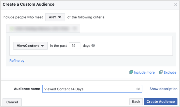 Pilih opsi untuk membuat situs web audiens kustom Facebook berdasarkan acara ViewContent 