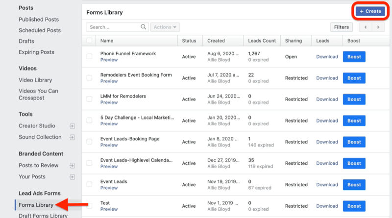 menu alat penerbitan pengelola bisnis facebook dengan perpustakaan formulir disorot di bawah formulir iklan utama dengan tombol buat disorot