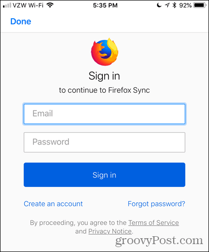 Masukkan email dan kata sandi Anda di Firefox untuk iOS