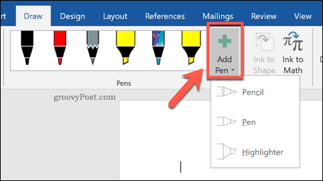 Tombol Tambah Pena di Word