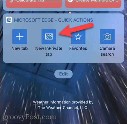 Ketuk Tab InPrivate Baru pada widget Edge di iOS
