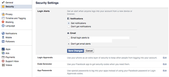 pengaturan pemberitahuan keamanan desktop facebook