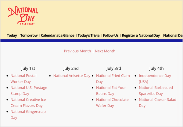 Kalender Hari Nasional adalah sumber daya untuk liburan khusus secara acak yang sejalan dengan tujuan pemasaran Anda.