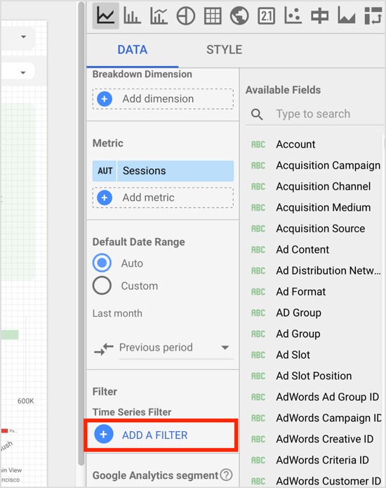 Pada panel properti komponen, klik opsi Tambahkan Filter pada tab Data.
