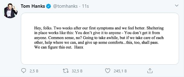 Tom Hanks sembuh