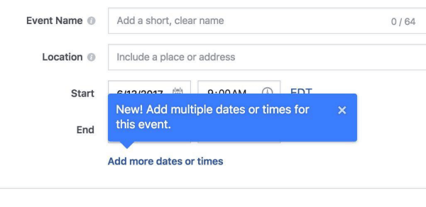 Facebook sekarang memungkinkan penyelenggara untuk menambahkan beberapa kali dan tanggal ke acara Facebook.