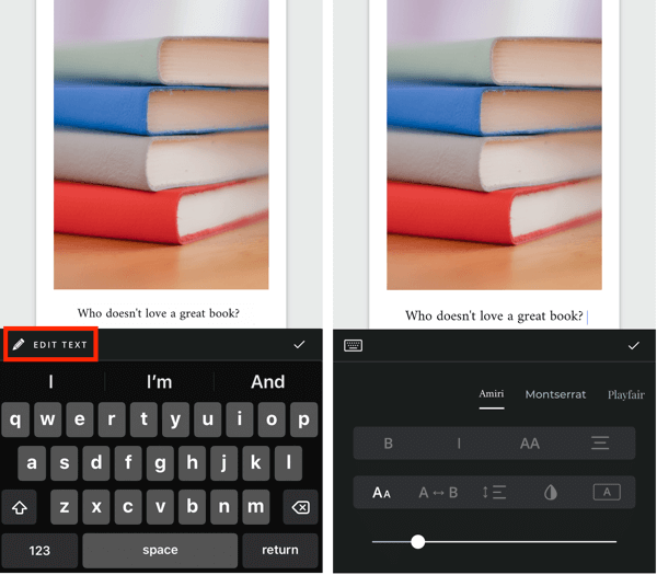 Buat cerita Instagram Unfold langkah 5 yang menampilkan opsi edit teks.