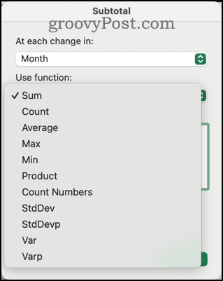 Berbagai Fungsi Tersedia dalam Dialog Subtotal di Excel