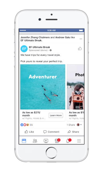 Facebook meluncurkan jenis iklan dymanic baru untuk perjalanan yang disebut, pertimbangan perjalanan.