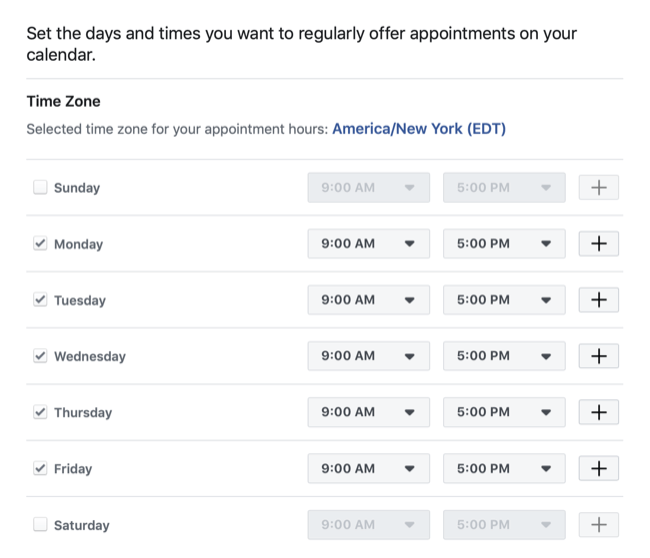 atur tanggal dan waktu yang tersedia untuk membuat janji dengan halaman Facebook