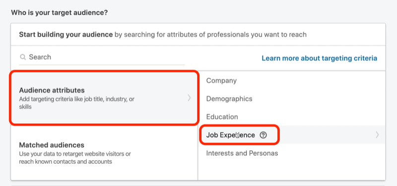 tangkapan layar dari Who Is Your Audience? bagian dalam pengaturan kampanye LinkedIn