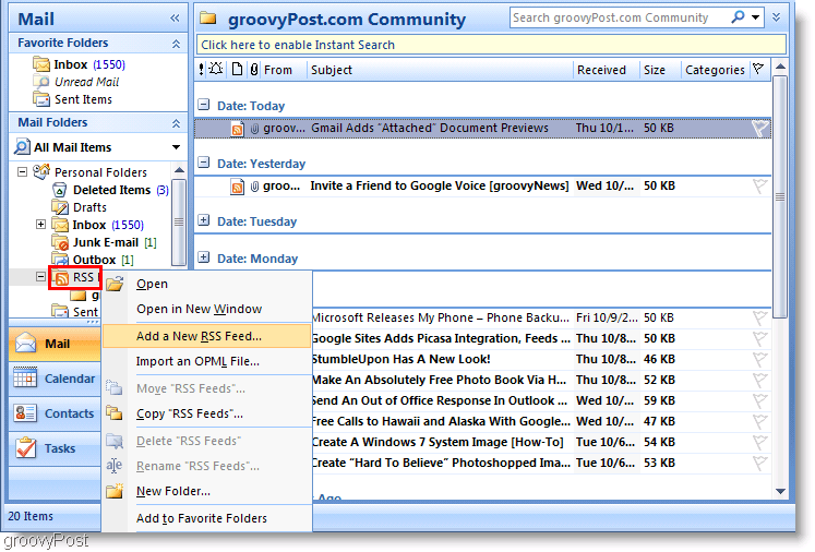 Cuplikan Layar Microsoft Outlook 2007 Tambahkan Umpan RSS baru