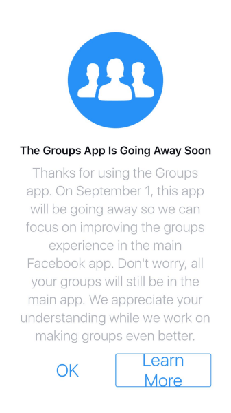 Facebook akan menghentikan aplikasi Grup untuk iOS dan Android setelah 1 September 2017.