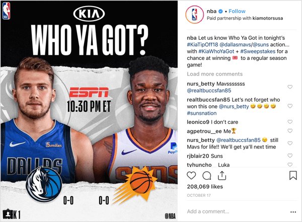 NBA bekerja sama dengan sponsor Kia Motors untuk membagikan tiket pertandingan di awal musim di Instagram.