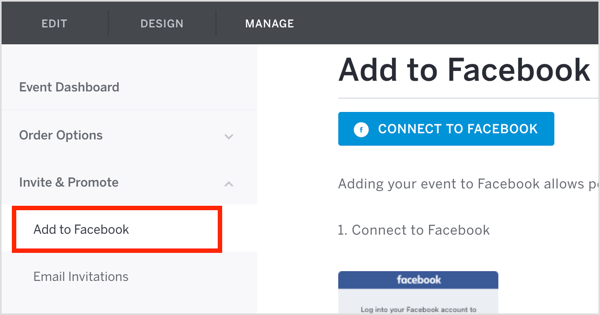 Pada tab Kelola Eventbrite, klik Undang & Promosikan dan pilih Tambahkan ke Facebook dari menu tarik-turun.