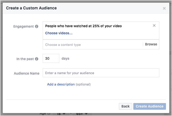 Audiens kustom Facebook berdasarkan tampilan video dalam 30 hari.