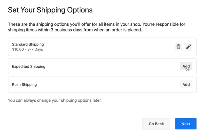 contoh tangkapan layar dari opsi pengiriman toko facebook yang mungkin tersedia
