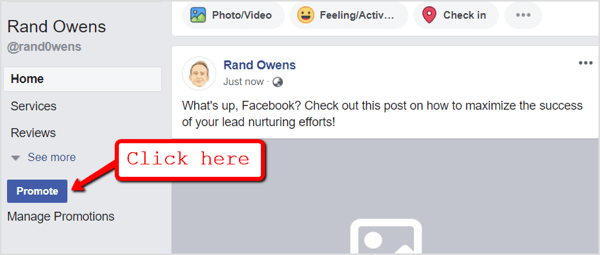 Buka halaman Facebook Anda dan klik tombol Promosikan di bawah tab navigasi.
