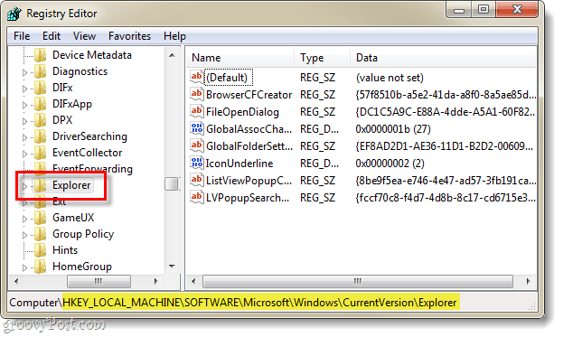 temukan kunci registy yang berkaitan dengan versi explorer saat ini di registri windows 7