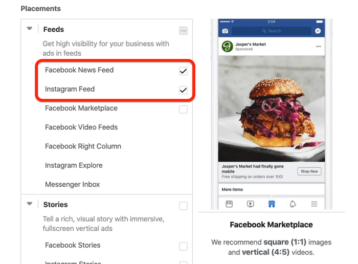 Penempatan Umpan Berita Facebook dan Umpan Instagram dipilih pada tingkat set iklan di Manajer Iklan Facebook