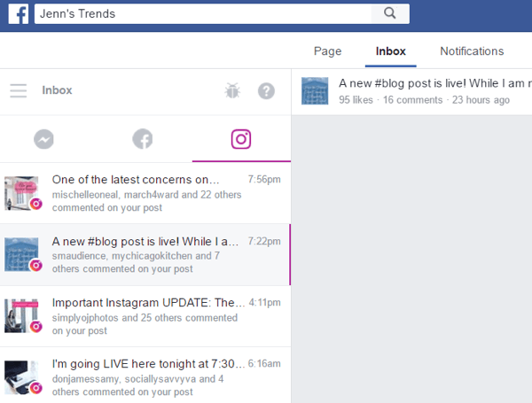 Di desktop, buka kotak masuk di halaman Facebook Anda dan klik tab Instagram untuk melihat komentar di postingan Anda.