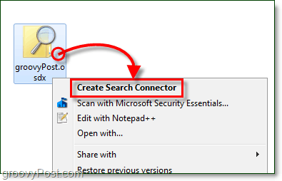 klik kanan pada desktop Anda dan kemudian klik file osdx yang merupakan konektor pencarian dan kemudian klik buat konektor pencarian untuk windows 7