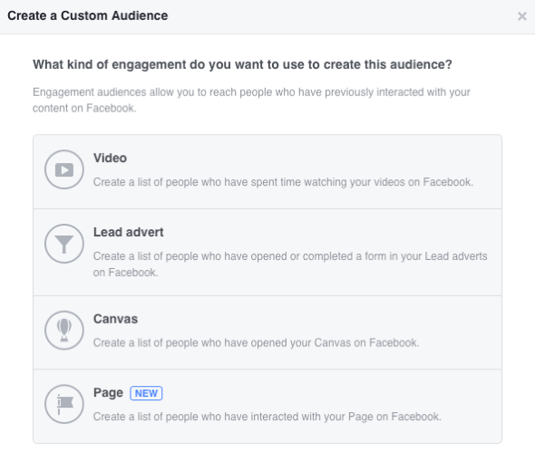 Facebook memungkinkan Anda membuat empat custom audience berbasis keterlibatan.