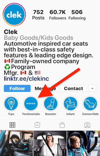 Instagram Stories menyoroti album untuk testimonial di profil bisnis Clek
