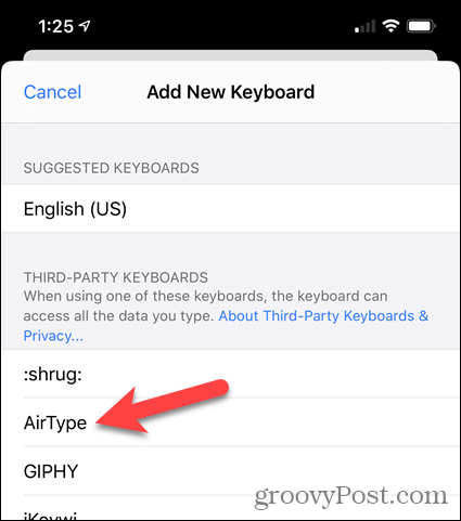 Ketuk AirType di daftar Keyboard Pihak Ketiga di Pengaturan iPhone