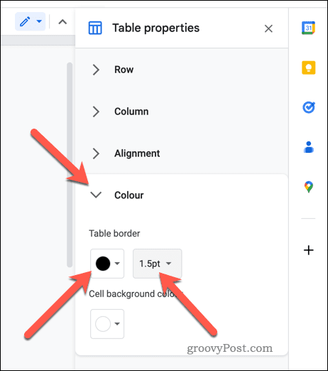 Setel properti batas tabel di Google Docs