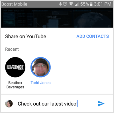 Pilih kontak untuk berbagi video YouTube