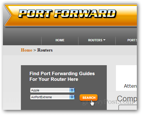 menemukan panduan router di portforward.com