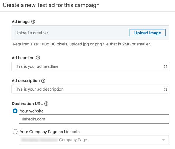 Cara membuat iklan teks LinkedIn, langkah 12, pengaturan teks iklan