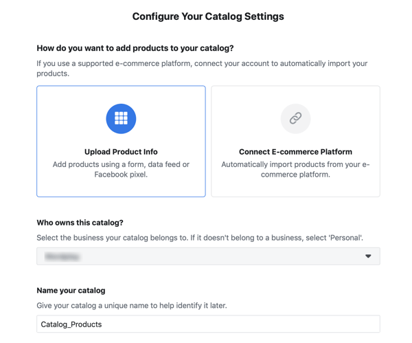 Gunakan Alat Pengaturan Acara Facebook, langkah 20, opsi menu untuk mengisi katalog Iklan Facebook Anda