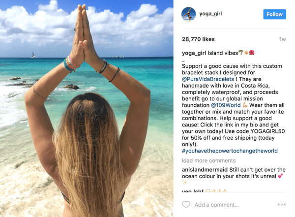 Dalam postingan influencer berbayar ini, Pura Vida dapat memanfaatkan 2,1 juta pengikut Rachel Brathen (yoga_girl) dan melacak ROI melalui kupon eksklusif.
