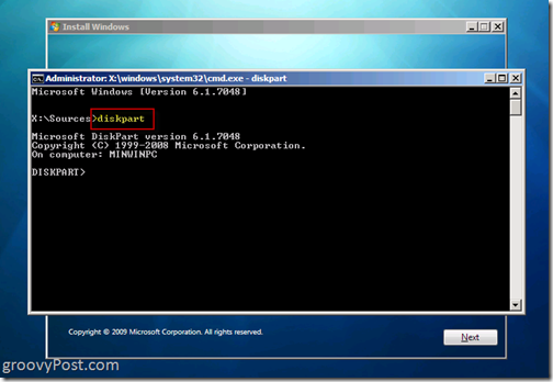 Windows 7 Native VHD Instal Dual Boot Launch Diskpart 6.1.7048 dari CMD Prompt untuk membuat file VHD
