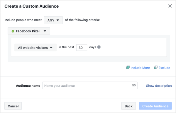 Pengaturan default untuk membuat audiens kustom situs Facebook.
