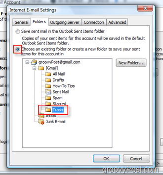 Siapkan KIRIM folder Surat untuk Akun iMAP di Outlook 2007:: Pilih Folder Sampah